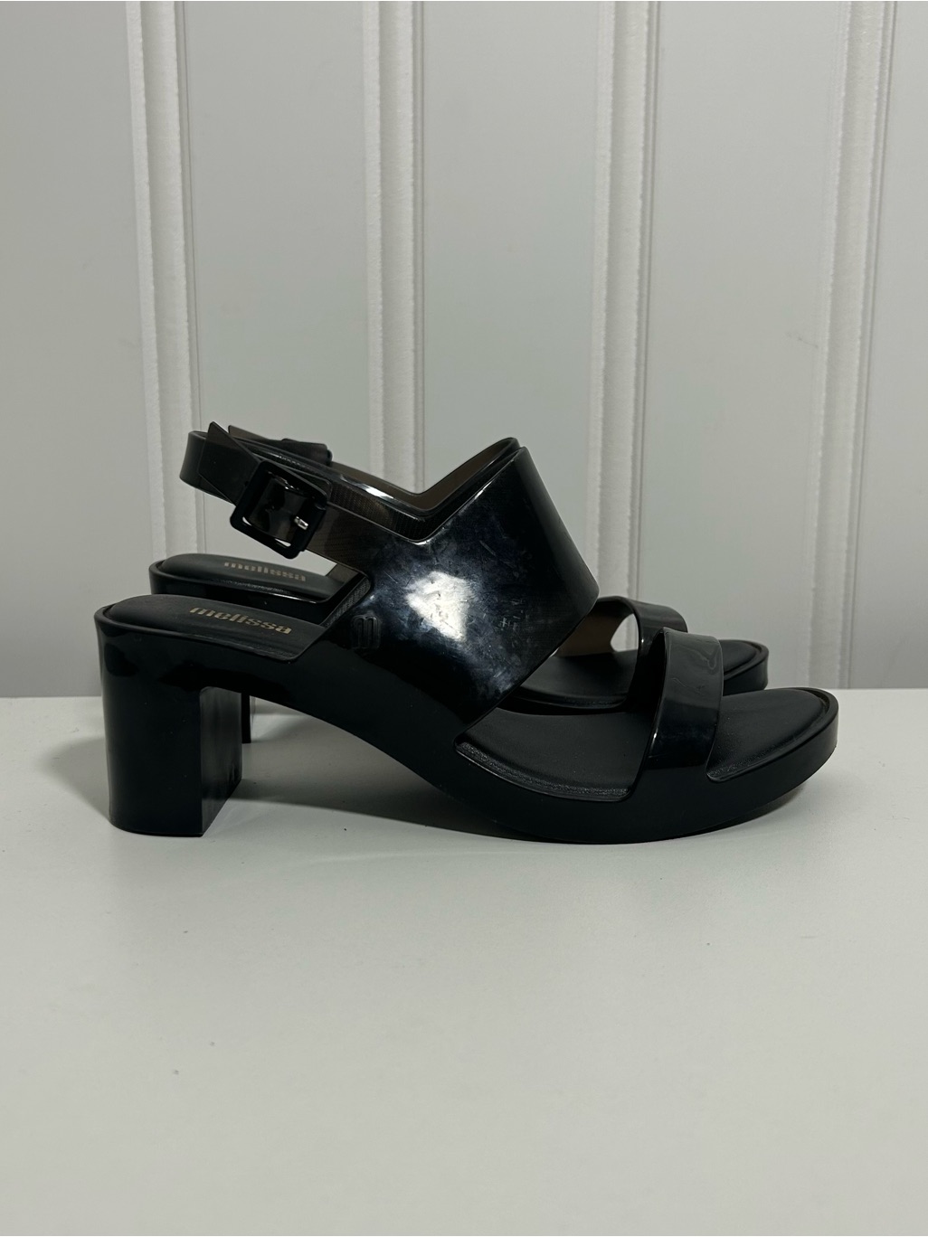 Melissa Classy Black Glossy Chunky Block Heel Slingback Sandals
